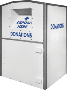 White Clothing Donation Bin with Blue Text Deposit Here and Donations